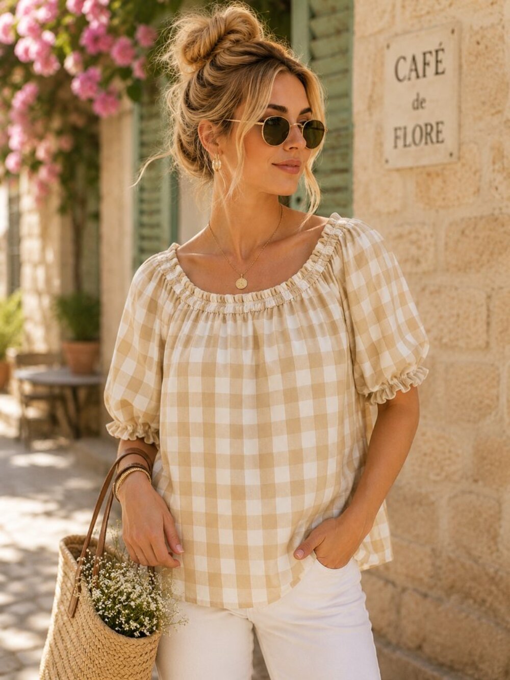 English Factory Tan Gingham Peasant Top M | Cottagecore Puff Sleeve Blouse